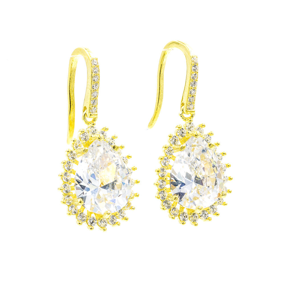 ZDE3563-G STERLING SILVER 925 GOLD PLATED TEARDROP FISH HOOK CZ EARRINGS