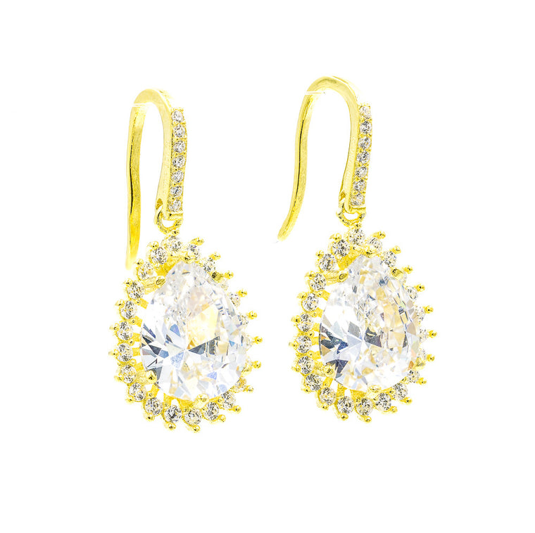 ZDE3563-G STERLING SILVER 925 GOLD PLATED FINISH TEARDROP FISH HOOK CZ EARRINGS