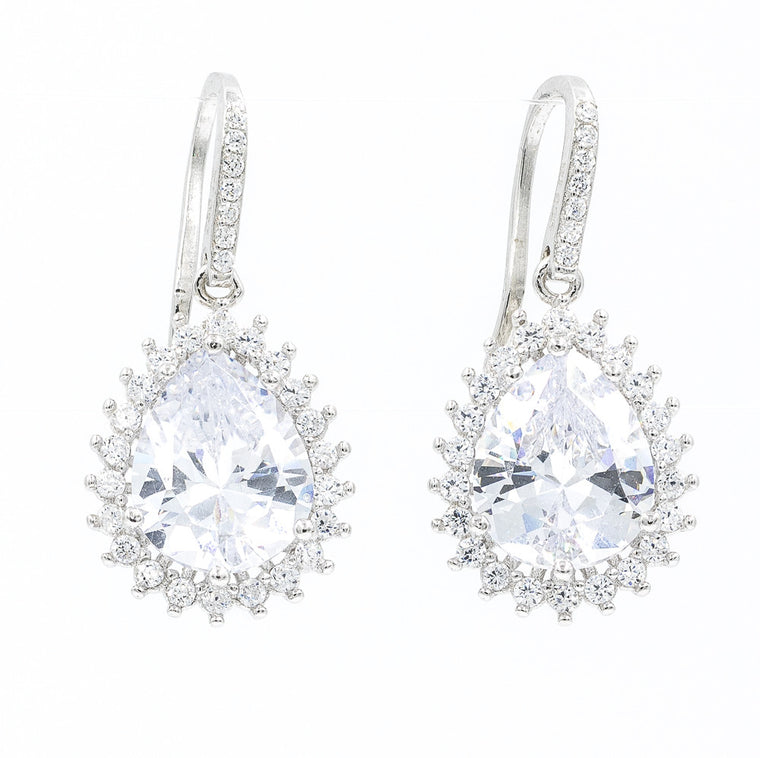 ZDE3563 STERLING SILVER 925 RHODIUM PLATED FINISH TEARDROP FISH HOOK CZ EARRINGS
