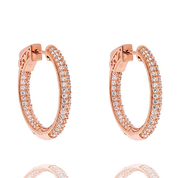 ZDE5002 STERLING SILVER 925 ROSE GOLD PLATED WHITE CZ HOOP EARRINGS 25MM