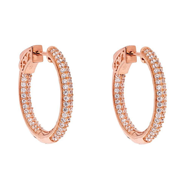ZDE5002 STERLING SILVER 925 ROSE GOLD PLATED WHITE CZ HOOP EARRINGS 25MM