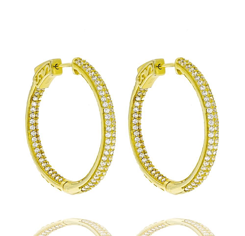 ZDE5006 STERLING SILVER 925 GOLD PLATED FINISH WHITE CZ HOOP EARRINGS 31MM