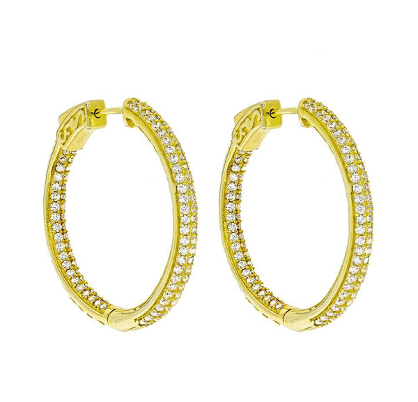 ZDE5006 STERLING SILVER 925 GOLD PLATED FINISH WHITE CZ HOOP EARRINGS 31MM