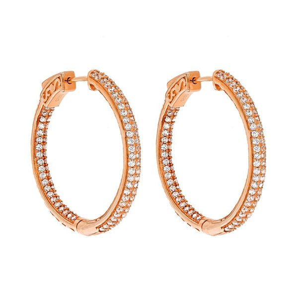 ZDE5007 STERLING SILVER 925 ROSE GOLD PLATED FINISH WHITE CZ HOOP EARRINGS 31MM