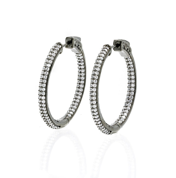 ZDE5008 STERLING SILVER 925 BLACK RHODIUM PLATED FINISH WHITE CZ HOOP EARRINGS 31MM