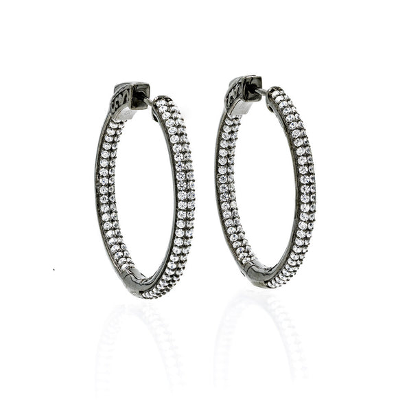 ZDE5008 STERLING SILVER 925 BLACK RHODIUM PLATED FINISH WHITE CZ HOOP EARRINGS 31MM