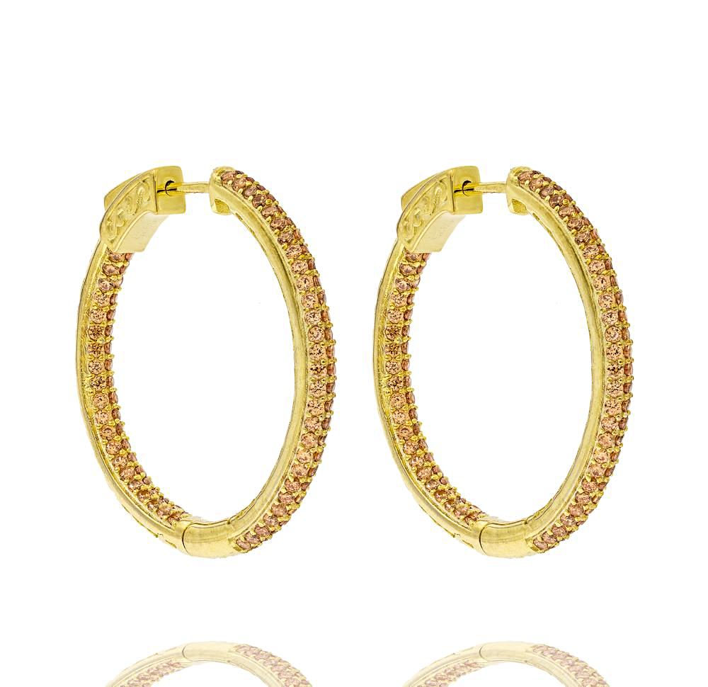ZDE5009 STERLING SILVER 925 GOLD PLATED FINISH CHAMPAGNE CZ HOOP EARRINGS 31MM