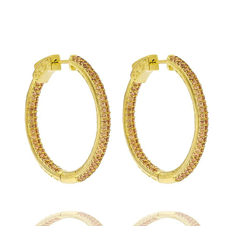 ZDE5009 STERLING SILVER 925 GOLD PLATED FINISH CHAMPAGNE CZ HOOP EARRINGS 31MM