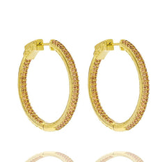 ZDE5009 STERLING SILVER 925 GOLD PLATED FINISH CHAMPAGNE CZ HOOP EARRINGS 31MM