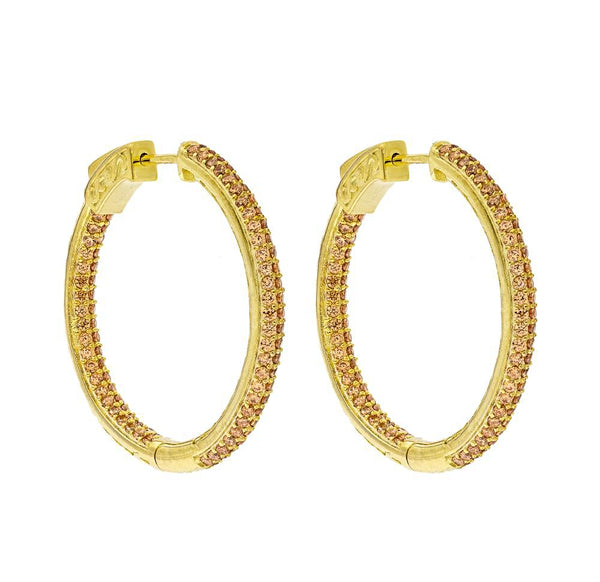 ZDE5009 STERLING SILVER 925 GOLD PLATED FINISH CHAMPAGNE CZ HOOP EARRINGS 31MM