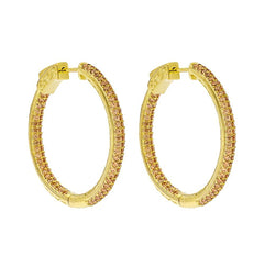 ZDE5009 STERLING SILVER 925 GOLD PLATED FINISH CHAMPAGNE CZ HOOP EARRINGS 31MM