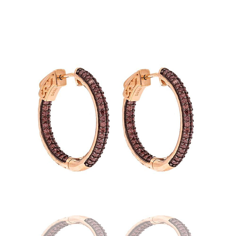 ZDE5030 STERLING SILVER 925 ROSE GOLD PLATED FINISH CHOCOLATE CZ HOOP EARRINGS 25MM
