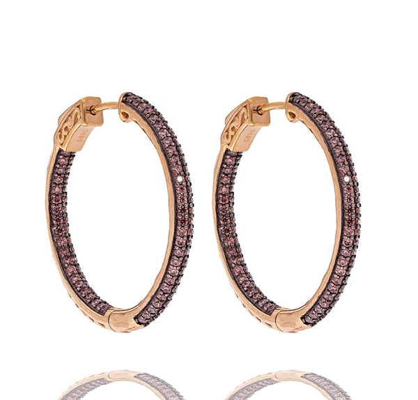 ZDE5031 STERLING SILVER 925 ROSE GOLD PLATED FINISH CHOCOLATE COLOR CZ HOOPS 31MM