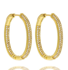 ZDE5040-G STERLING SILVER 925 GOLD PLATED FINISH OVAL WHITE CZ HOOP EARRINGS 25 MM
