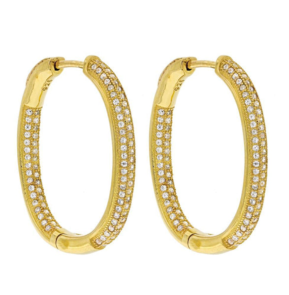 ZDE5040-G STERLING SILVER 925 GOLD PLATED FINISH OVAL WHITE CZ HOOP EARRINGS 25 MM