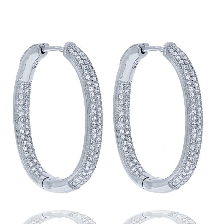 ZDE5040 STERLING SILVER 925 RHODIUM PLATED FINISH OVAL WHITE CZ HOOP EARRINGS 25 MM