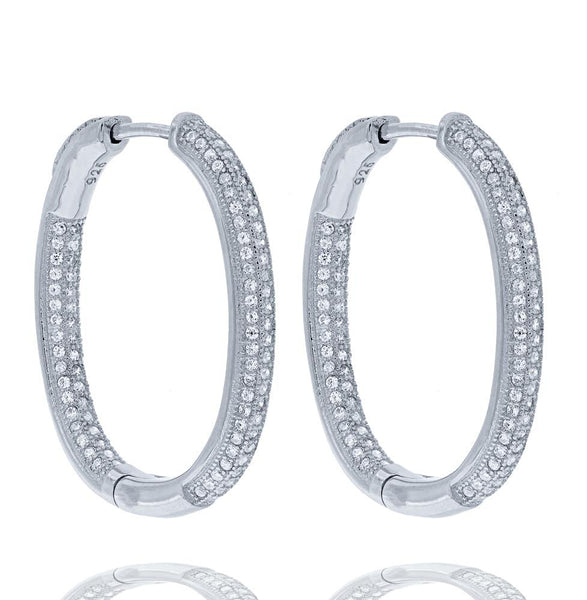 ZDE5040 STERLING SILVER 925 RHODIUM PLATED FINISH OVAL WHITE CZ HOOP EARRINGS 25 MM