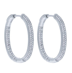 ZDE5040 STERLING SILVER 925 RHODIUM PLATED FINISH OVAL WHITE CZ HOOP EARRINGS 25 MM