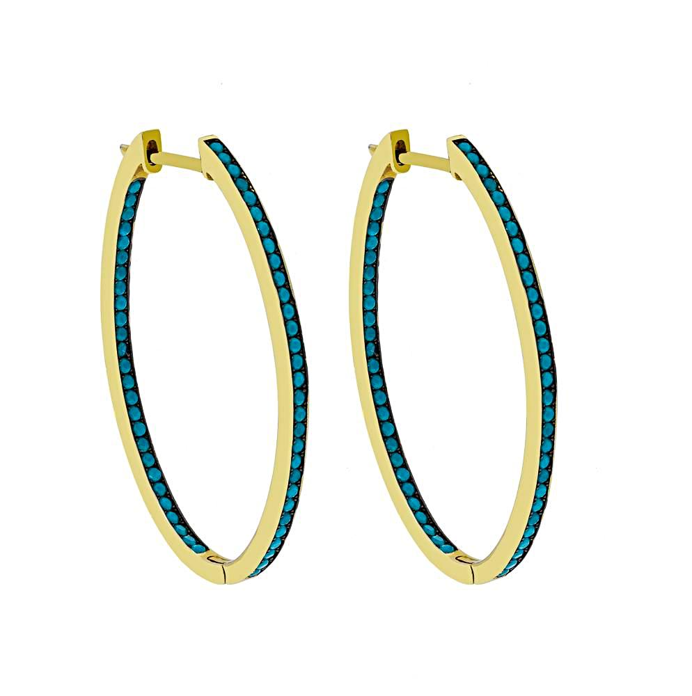 ZDE5050-G STERLING SILVER 925 GOLD PLATED FINISH NANO TURQUOISE HOOP EARRINGS 31 MM