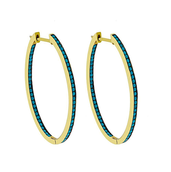 ZDE5050-G STERLING SILVER 925 GOLD PLATED FINISH NANO TURQUOISE HOOP EARRINGS 31 MM