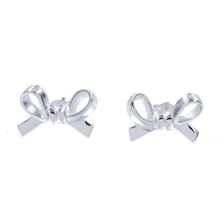 ZDE6335 STERLING SILVER 925 RHODIUM PLATED FINISH '' BOW '' DESIGN PLAIN STUD EARRINGS
