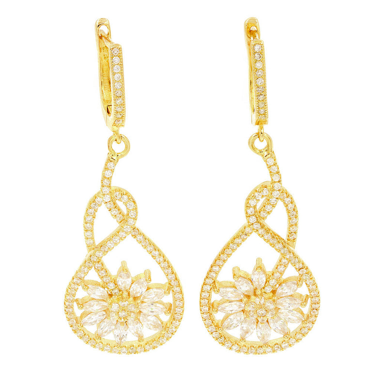 ZDE9061-G STERLING SILVER 925 GOLD PLATED FINISH FLOWER CLEAR WHITE CZ EARRINGS