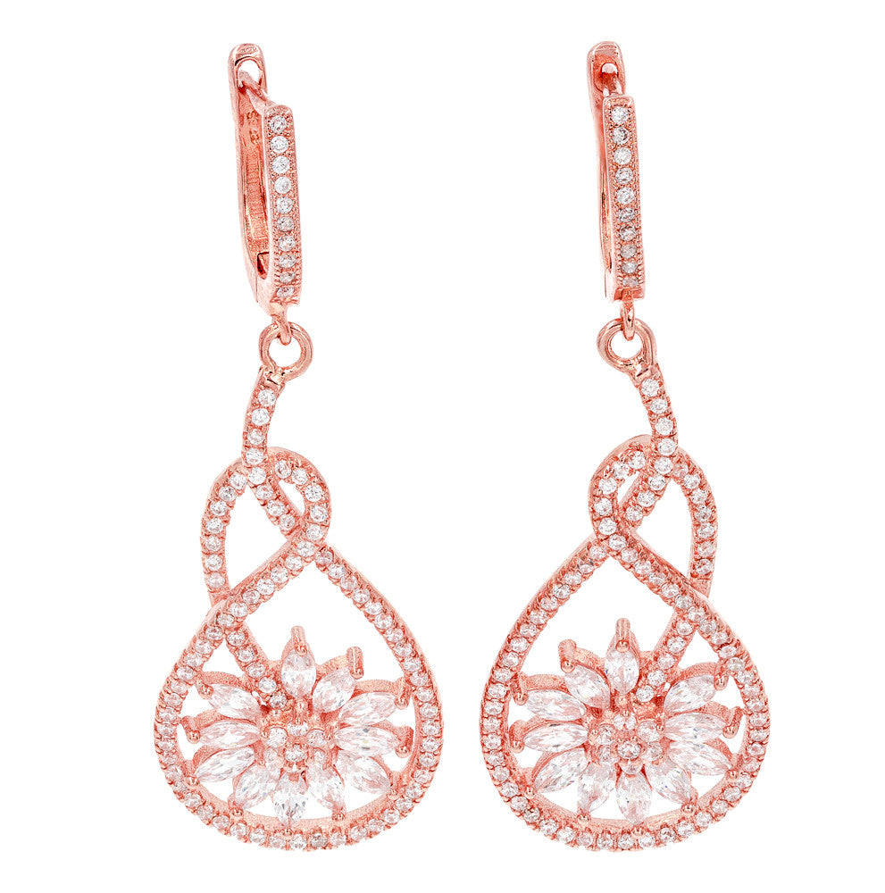 ZDE9061-R STERLING SILVER 925 ROSE GOLD PLATED FINISH FLOWER CLEAR WHITE CZ EARRINGS