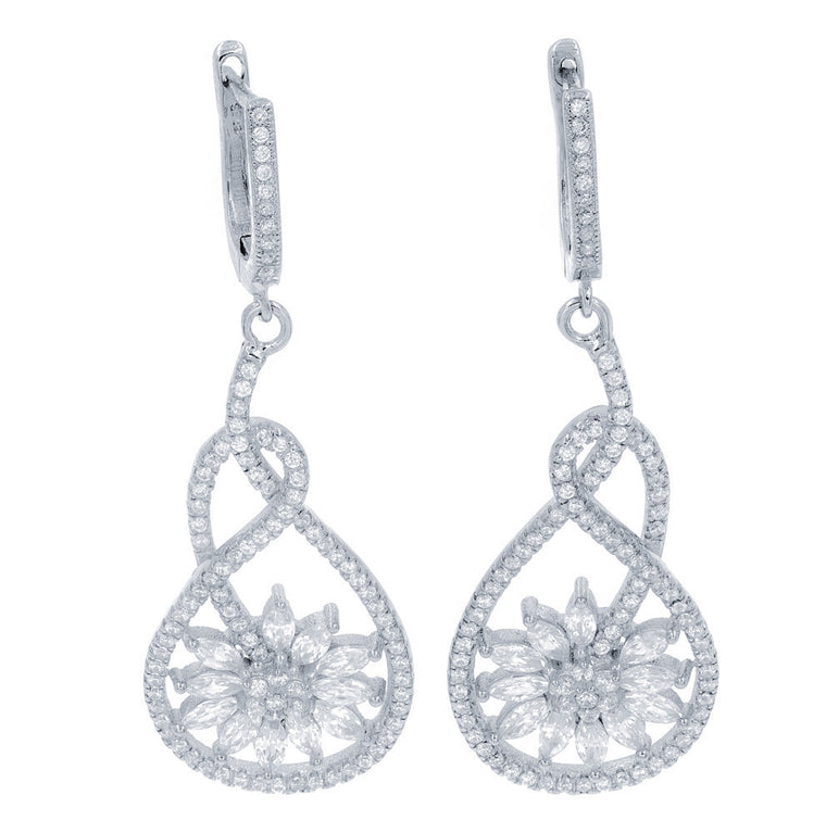 ZDE9061 STERLING SILVER 925 RHODIUM PLATED FINISH FLOWER CLEAR WHITE CZ EARRINGS
