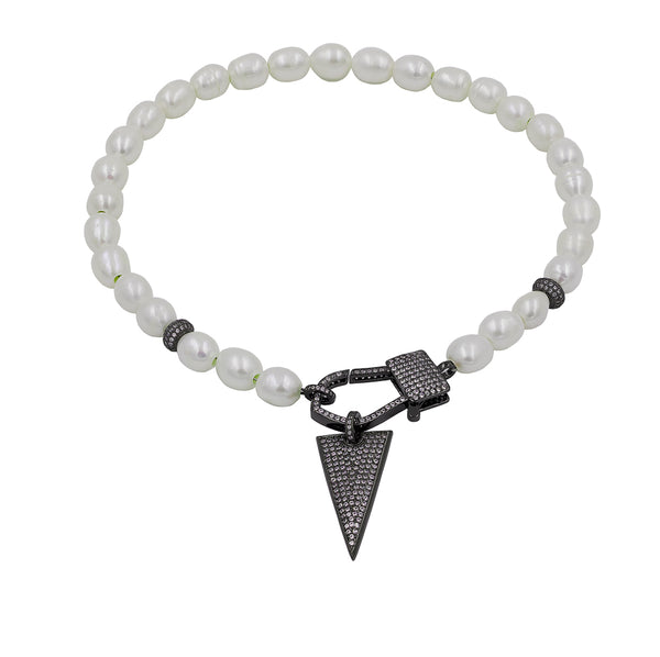 ZDN1580-B BLACK RHODIUM PLATED PEARL TRIANGLE  DESIGN CZ NECKLACE