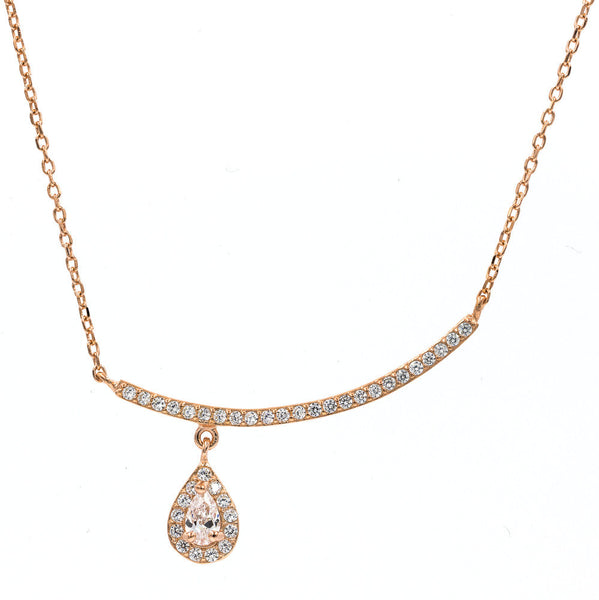 ZDN024-RG STERLING SILVER 925 ROSE GOLD PLATED FINISH TEARDROP BAR DESIGN CZ NECKLACE