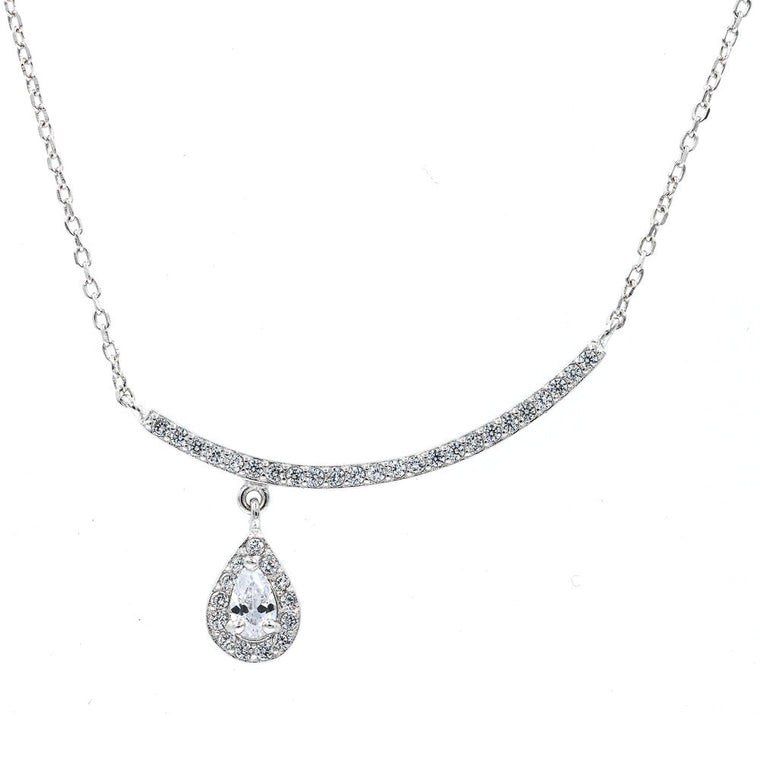 ZDN024 STERLING SILVER 925 RHODIUM PLATED FINISH TEARDROP BAR DESIGN CZ NECKLACE