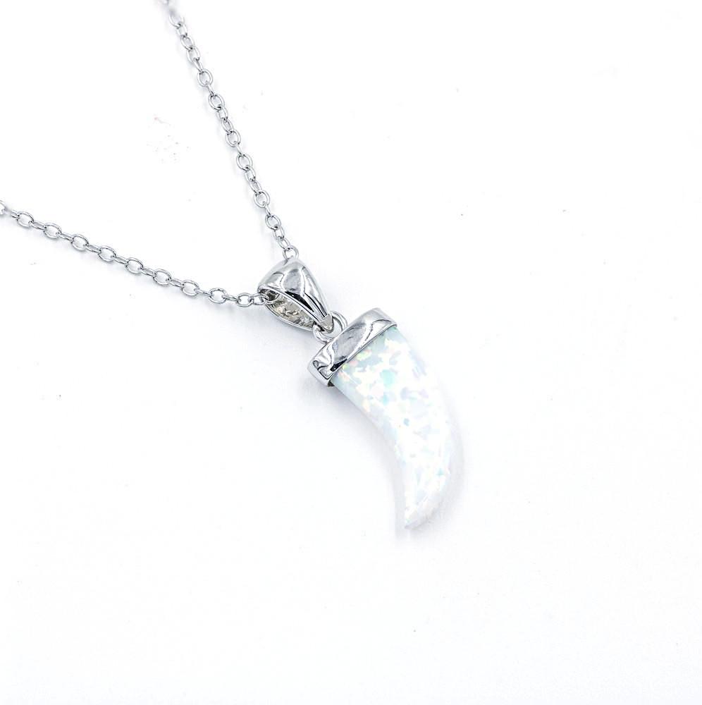 ZDN1037-WOP STERLING SILVER 925 RHODIUM PLATED FINISH HORN WHITE OPAL NECKLACE