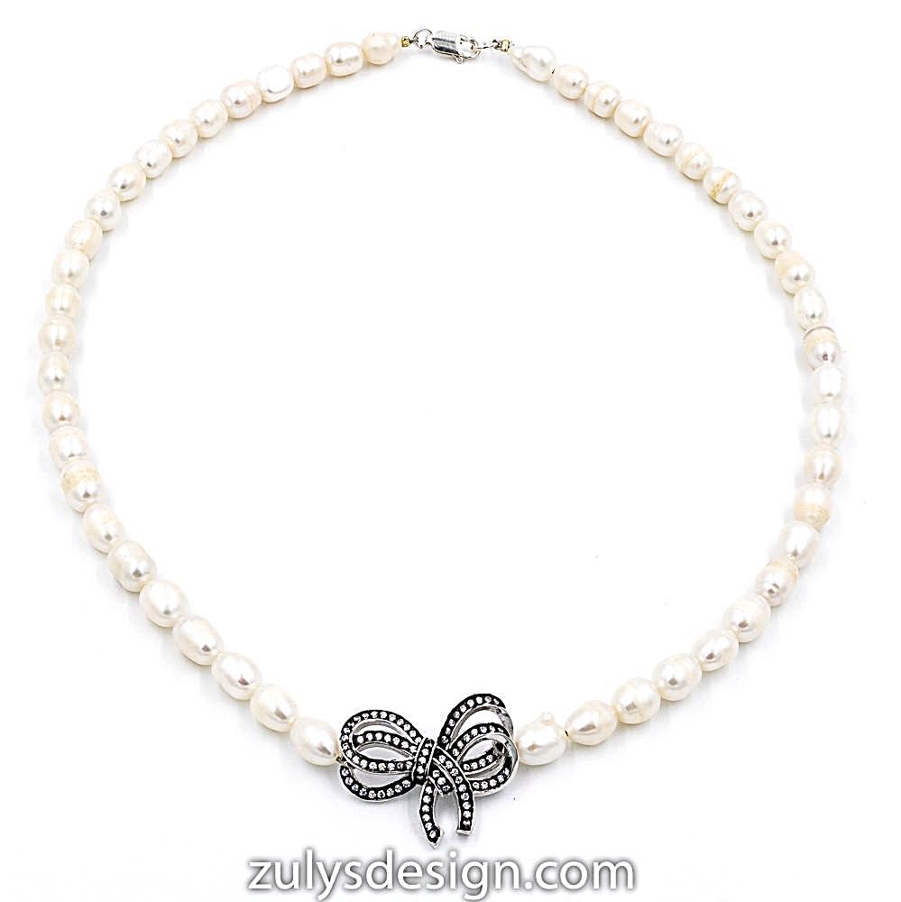 ZDN1106-RW STERLING SILVER 925 RHODIUM PLATED PEARL BOW DESIGN CZ NECKLACE