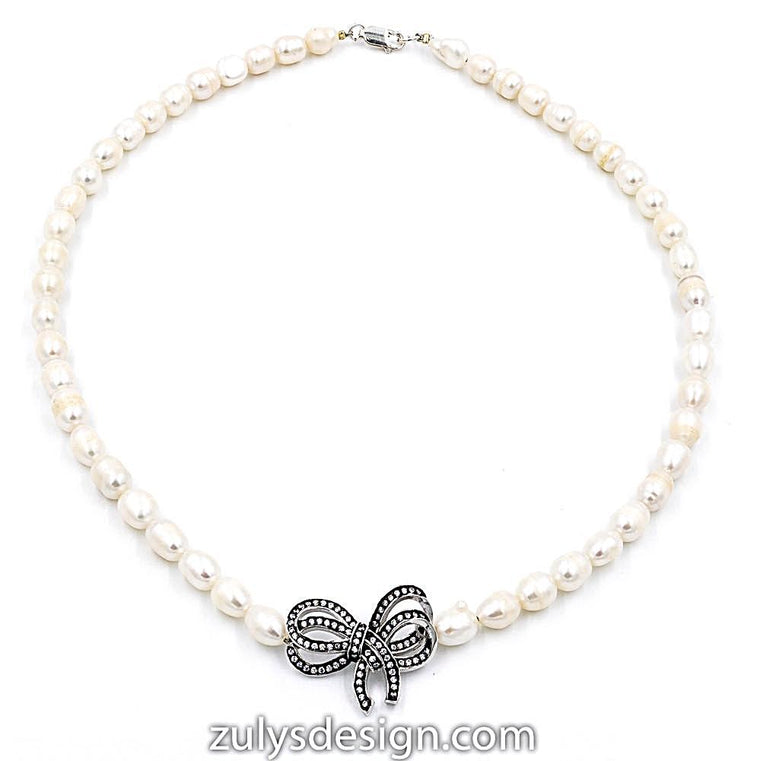 ZDN1106-RW STERLING SILVER 925 RHODIUM PLATED PEARL BOW DESIGN CZ NECKLACE