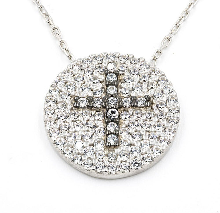 ZDN1285 925 STERLING SILVER RHODIUM PLATED FINISH PAVE CZ ROUND CROSS NECKLACE
