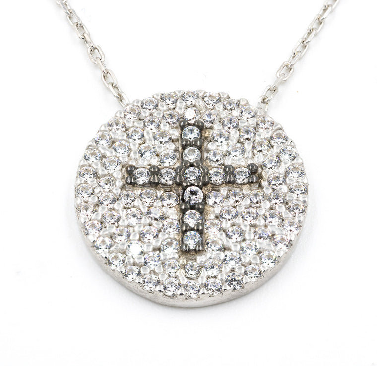 ZDN1285 925 STERLING SILVER RHODIUM PLATED FINISH PAVE CZ ROUND CROSS NECKLACE