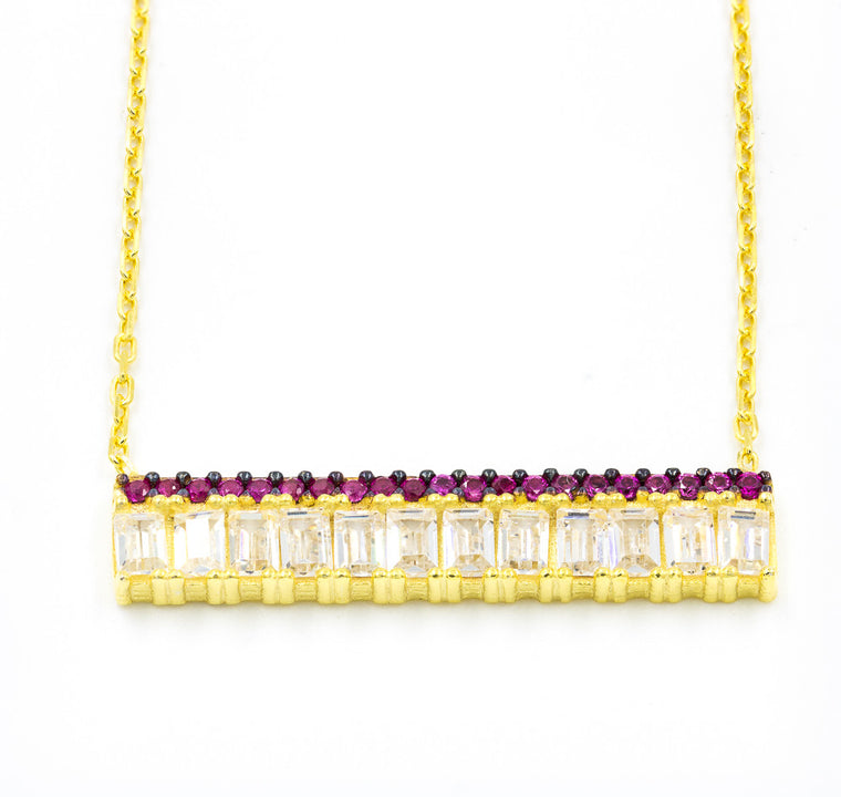 ZDN1290-R 925 STERLING SILVER GOLD PLATED FINISH BAGUETTE BAR NECKLACE
