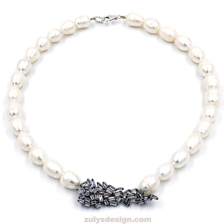 ZDN1570-BLK STERLING SILVER 925 BLACK RHODIUM PLATED PEARL ART DECO  DESIGN CZ NECKLACE