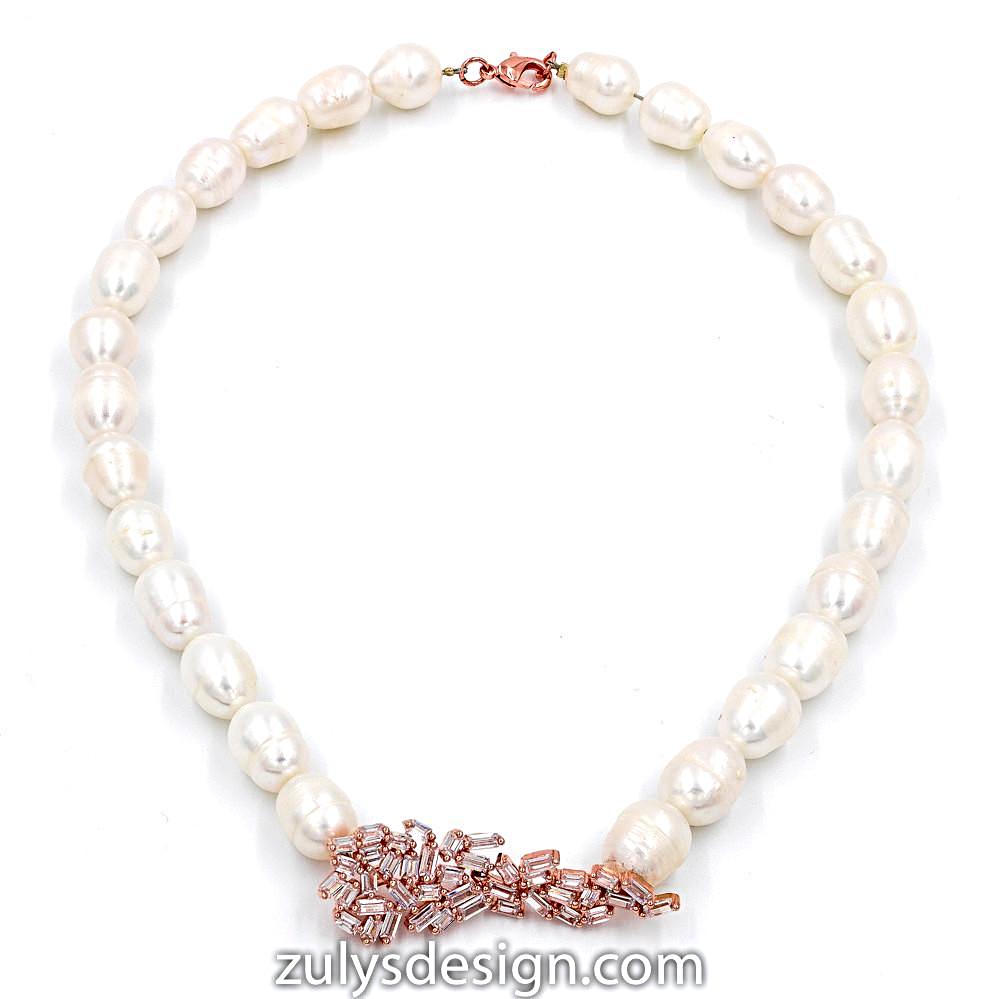 ZDN1570-RG STERLING SILVER 925 ROSE GOLD PLATED PEARL ART DECO  DESIGN CZ NECKLACE