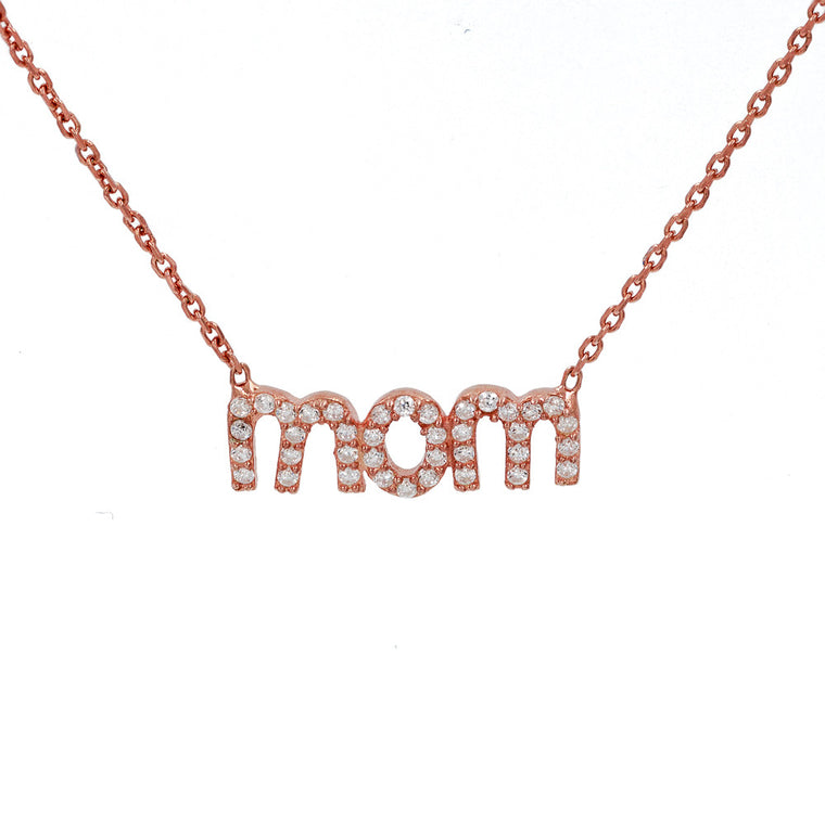 ZDN1760-R STERLING SILVER 925 ROSE GOLD PLATED FINISH ''MOM'' DESIGN CUBIC ZIRCONIA NECKLACE