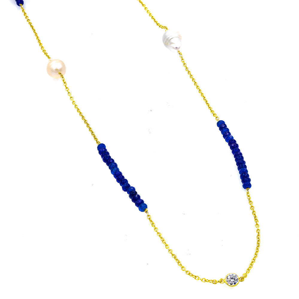 ZDN1860-BLU STERLING SILVER 925 GOLD PLATED PEARL / JADE WITH 5MM BEZEL CZ BY THE YARD NECKLACE 42"