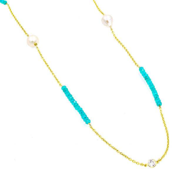 ZDN1860-LTB STERLING SILVER 925 GOLD PLATED PEARL / JADE WITH 5MM BEZEL CZ BY THE YARD NECKLACE 42"