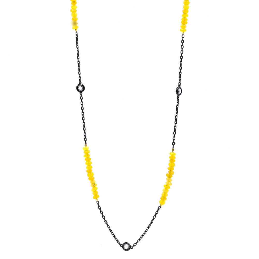 ZDN1860-YEW STERLING SILVER 925 BLACK RHODIUM PEARL / JADE WITH 5MM BEZEL CZ BY THE YARD NECKLACE