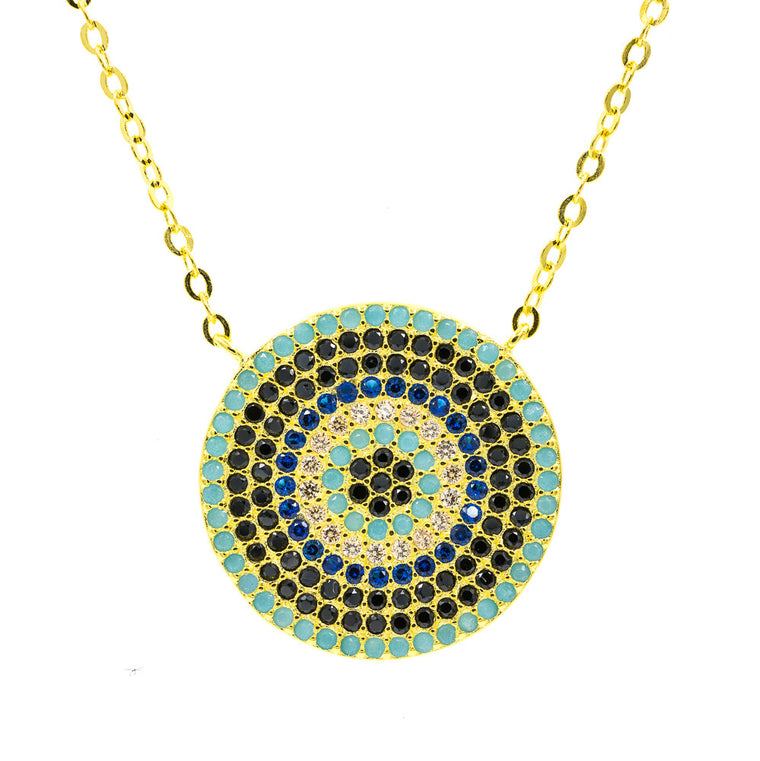 ZDN213-G STERLING SILVER 925 GOLD PLATED FINISH 19MM ROUND EVIL EYE NECKLACE 16