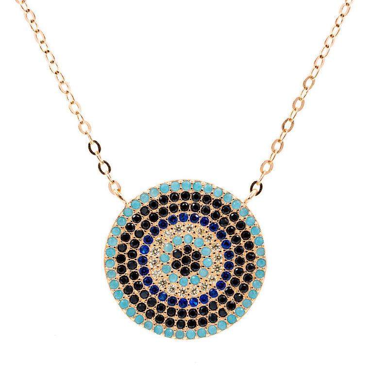 ZDN213-RG STERLING SILVER 925 ROSE GOLD PLATED FINISH 19MM ROUND  EVIL EYE NECKLACE 16