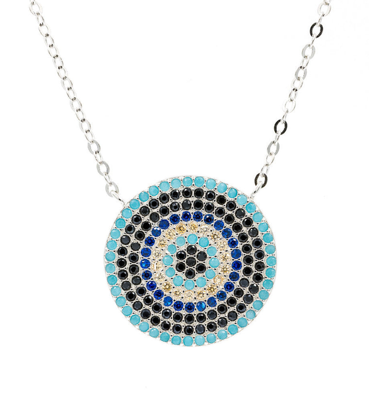 ZDN213 STERLING SILVER 925 RHODIUM PLATED FINISH 19MM ROUND  EVIL EYE NECKLACE 16