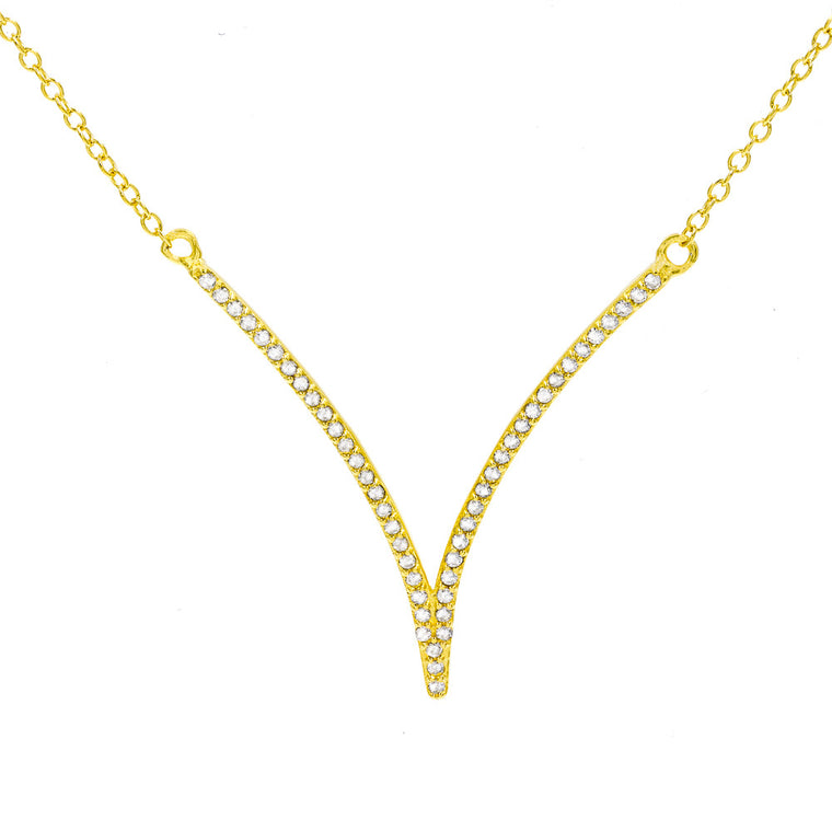 ZDN268-G STERLING SILVER 925 GOLD PLATED FINISH '' V '' DESIGN CUBIC ZIRCONIA NECKLACE