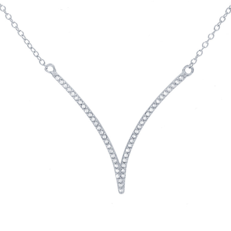 ZDN268 STERLING SILVER 925 RHODIUM PLATED FINISH '' V '' DESIGN CUBIC ZIRCONIA NECKLACE