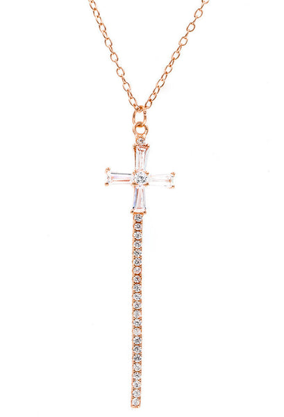 ZDN9042-RG STERLING SILVER 925 ROSE GOLD PLATED FINISH CROOS BAGUETTE CZ NECKLACE