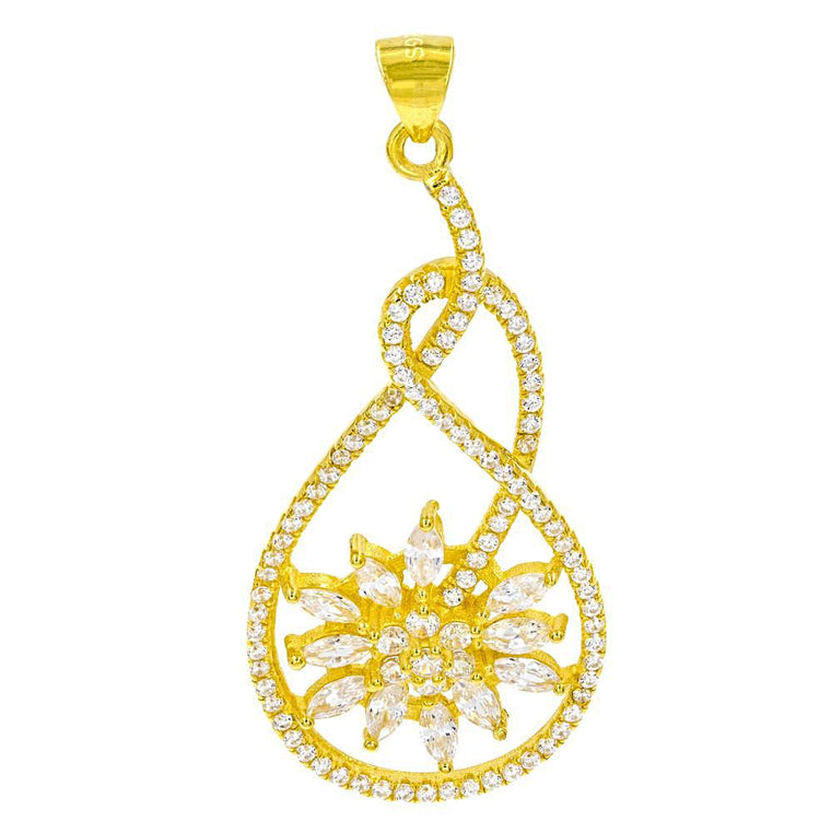 ZDP9061-G STERLING SILVER 925 GOLD PLATED FINISH FLOWER CLEAR WHITE CZ PENDANT